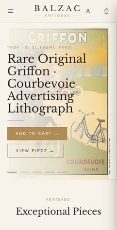 Balzac Antiques on mobile, screen one