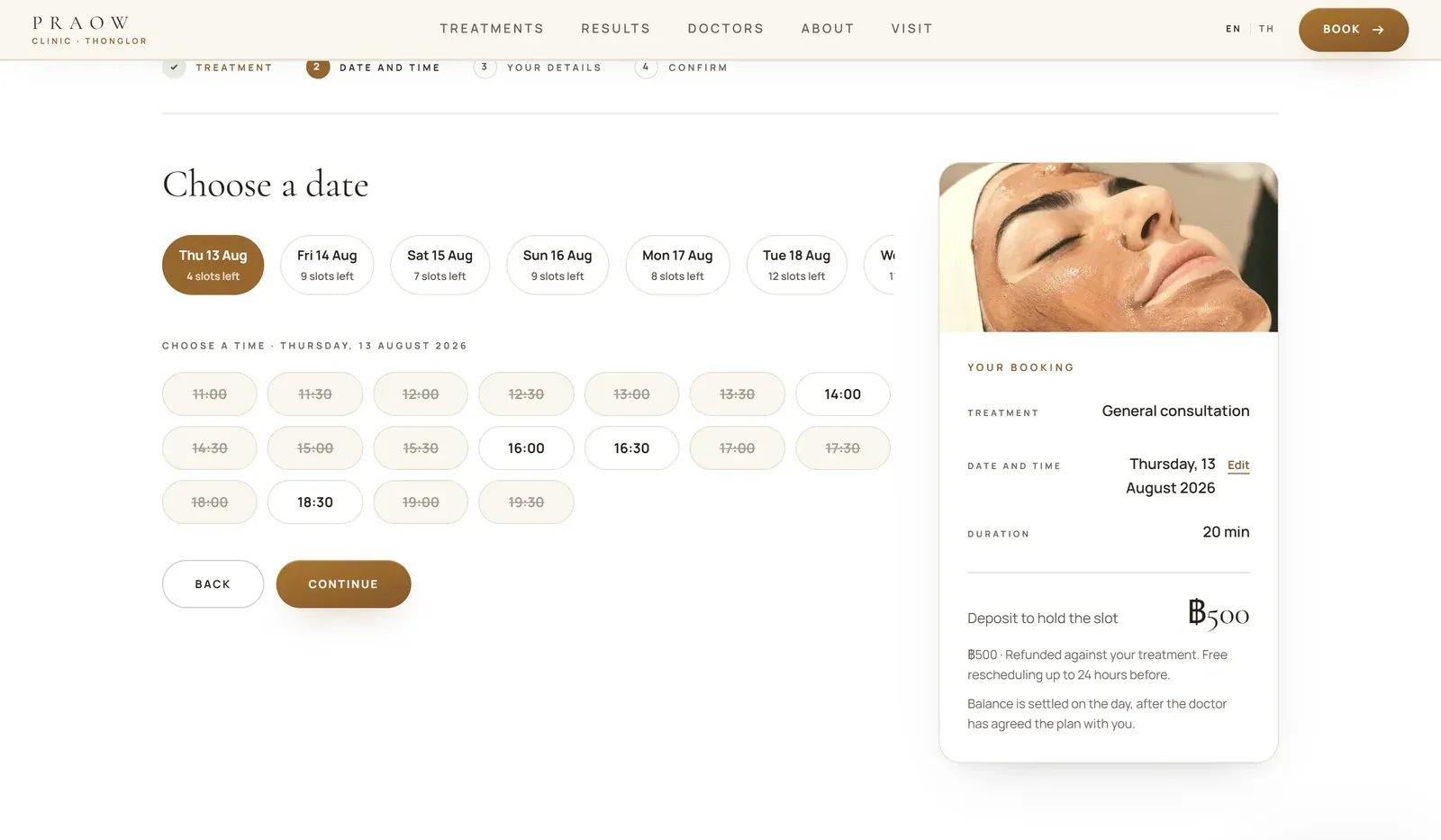 Booking wizard on the slot step: a row of dates with slots left on each, a grid of times with taken slots struck through, and a booking summary card showing the treatment, duration and the deposit that holds the slot