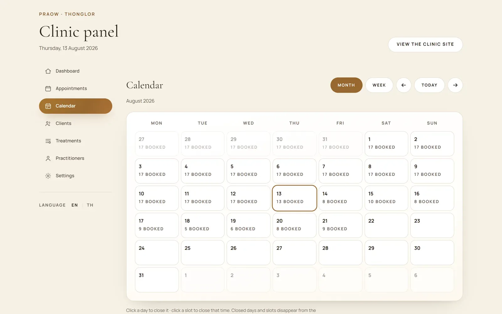 Clinic calendar in month view with the booked count on each day and a note that clicking a day closes it and clicking a slot closes that time