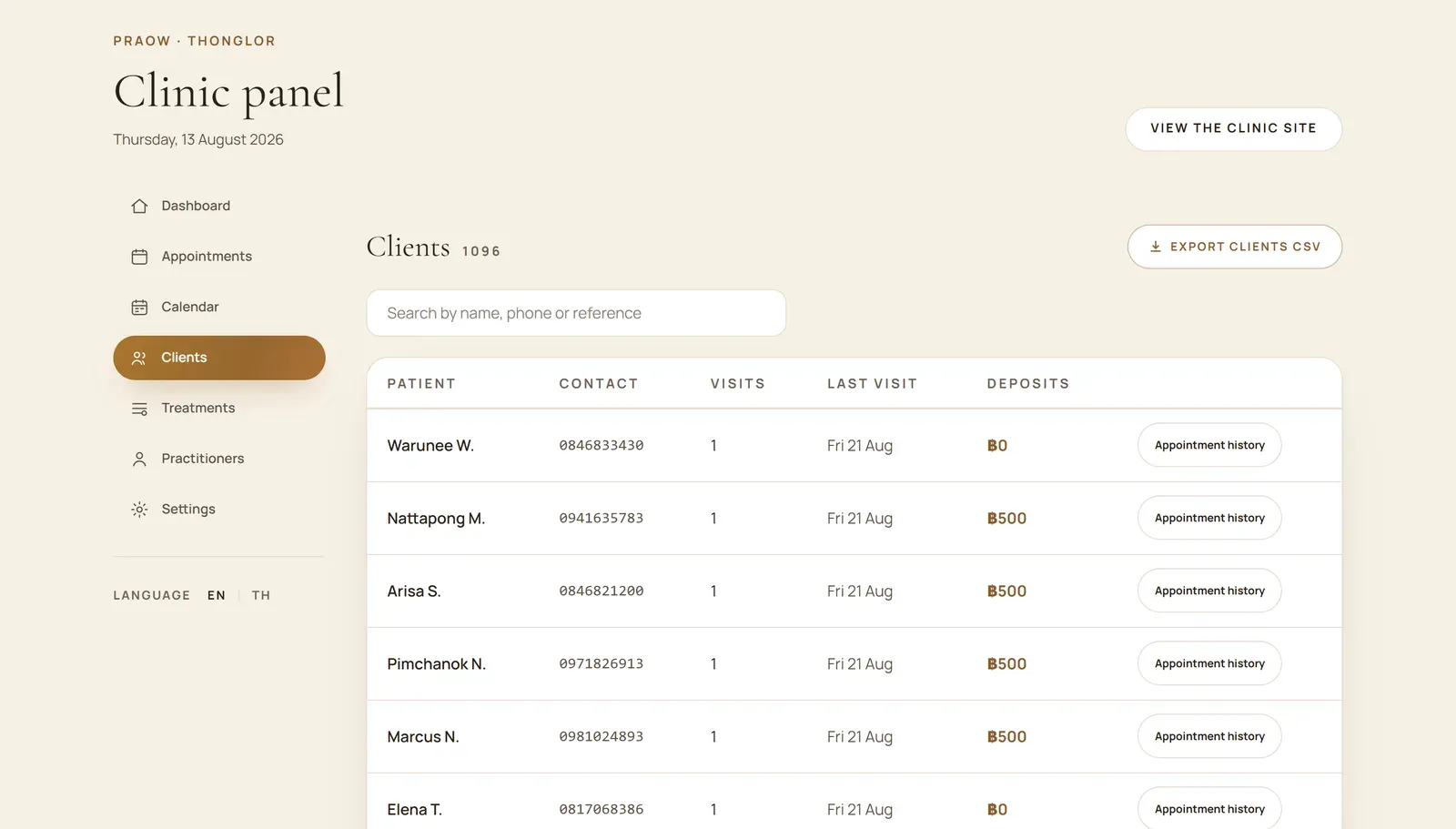 Clients view: searchable patient list with contact, visit count, last visit, deposits paid and an appointment history button on each row