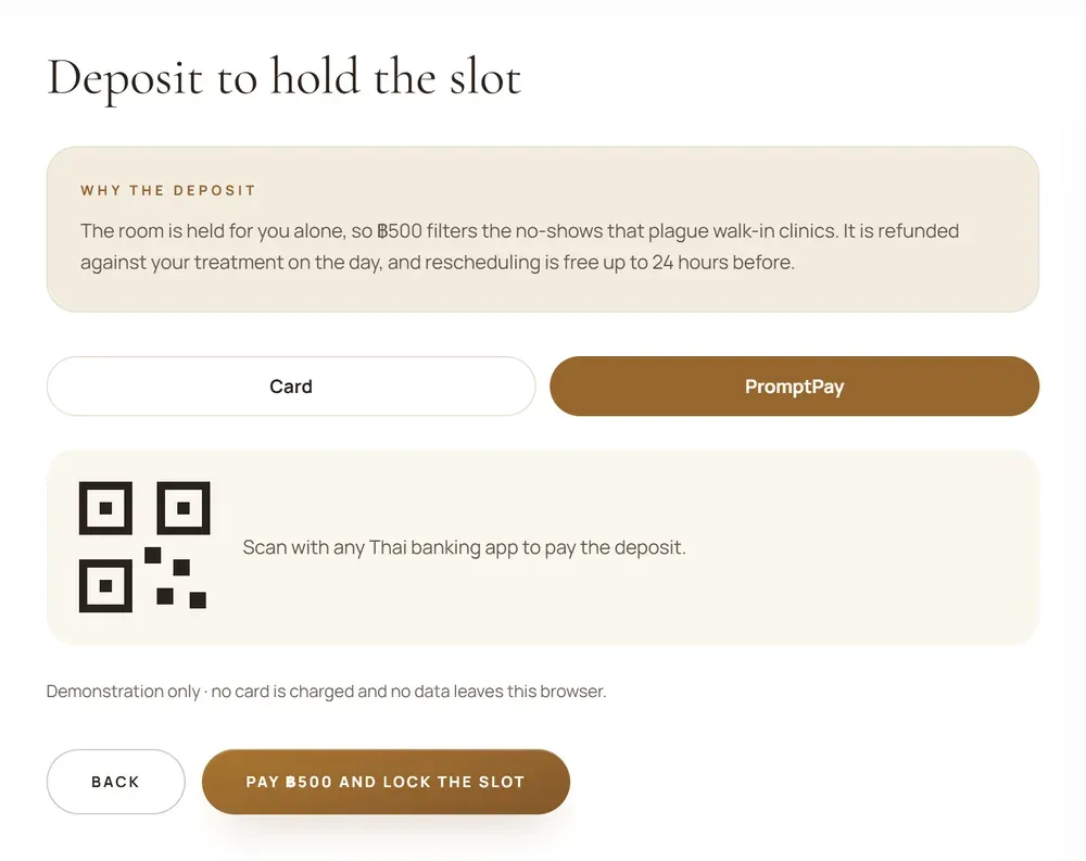 The deposit step: card and PromptPay tabs, a PromptPay scan panel, and a note explaining why the deposit exists