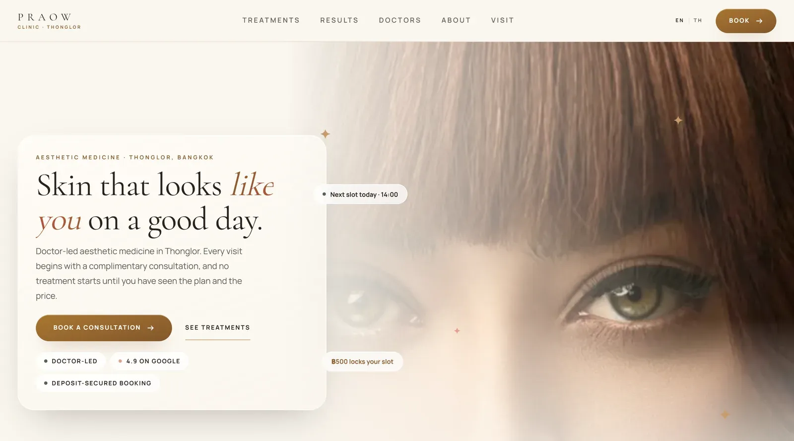 Patient homepage: aesthetic clinic hero with a book a consultation button, the next available slot today and the deposit that holds it