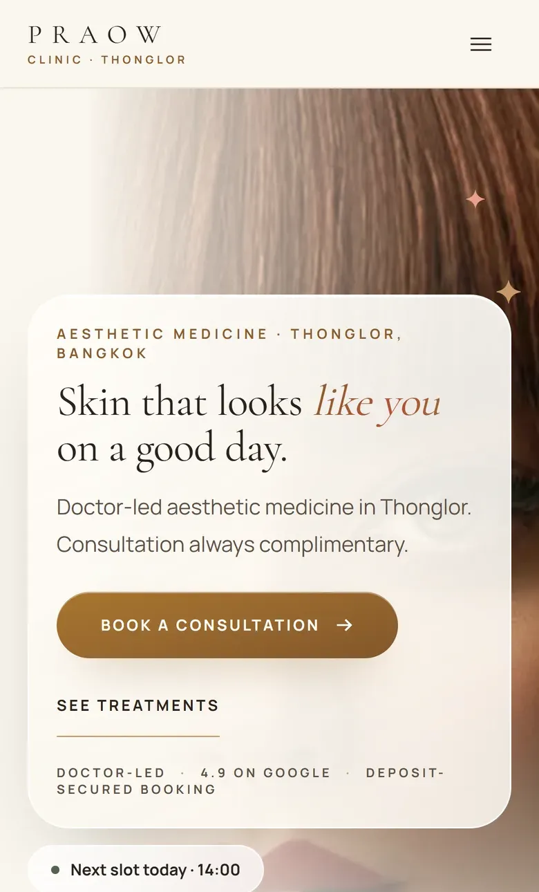 The patient homepage on a phone: the hero card, the book a consultation button and the next available slot