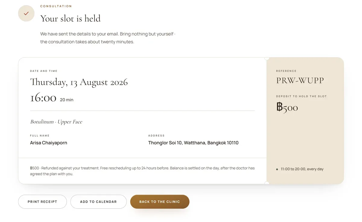 Booking confirmation: a perforated appointment card with date, time, treatment and patient name, and a tear-off stub carrying the PRW reference and the deposit paid