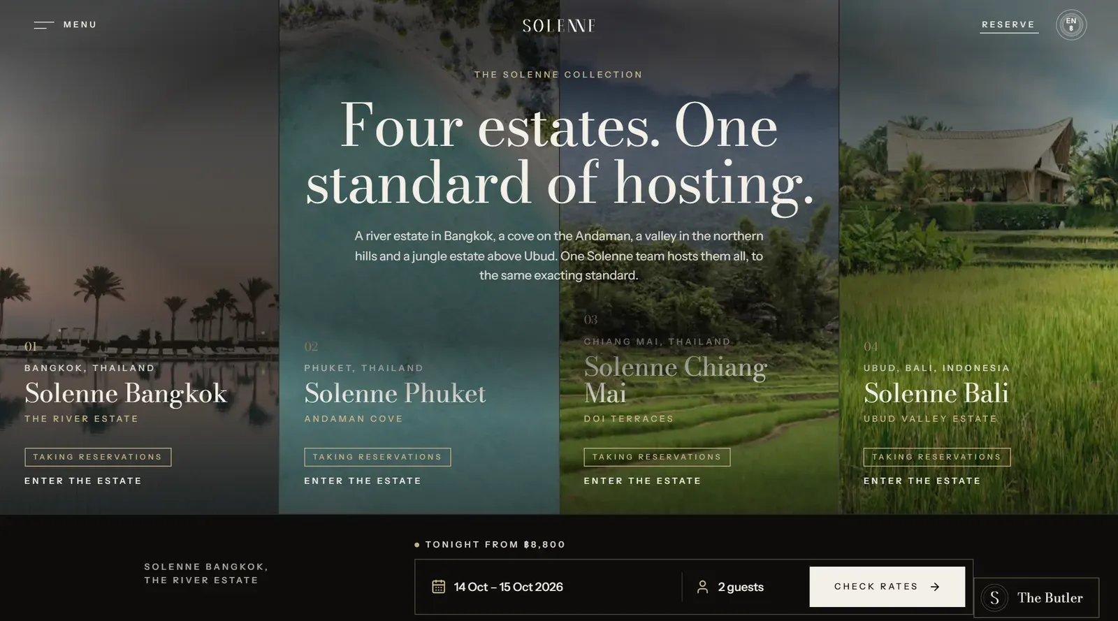 The Solenne collection home page: four estates in Bangkok, Phuket, Chiang Mai and Bali side by side, each taking reservations