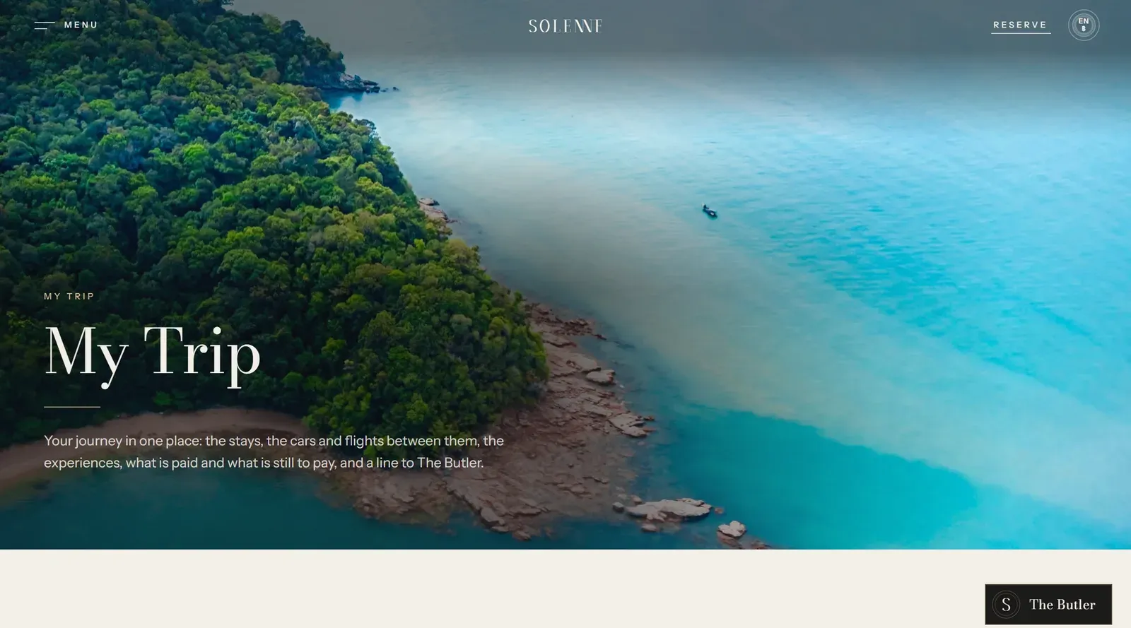 My Trip: an aerial photograph of a headland and turquoise water, with the stays, transfers and experiences of a journey in one place