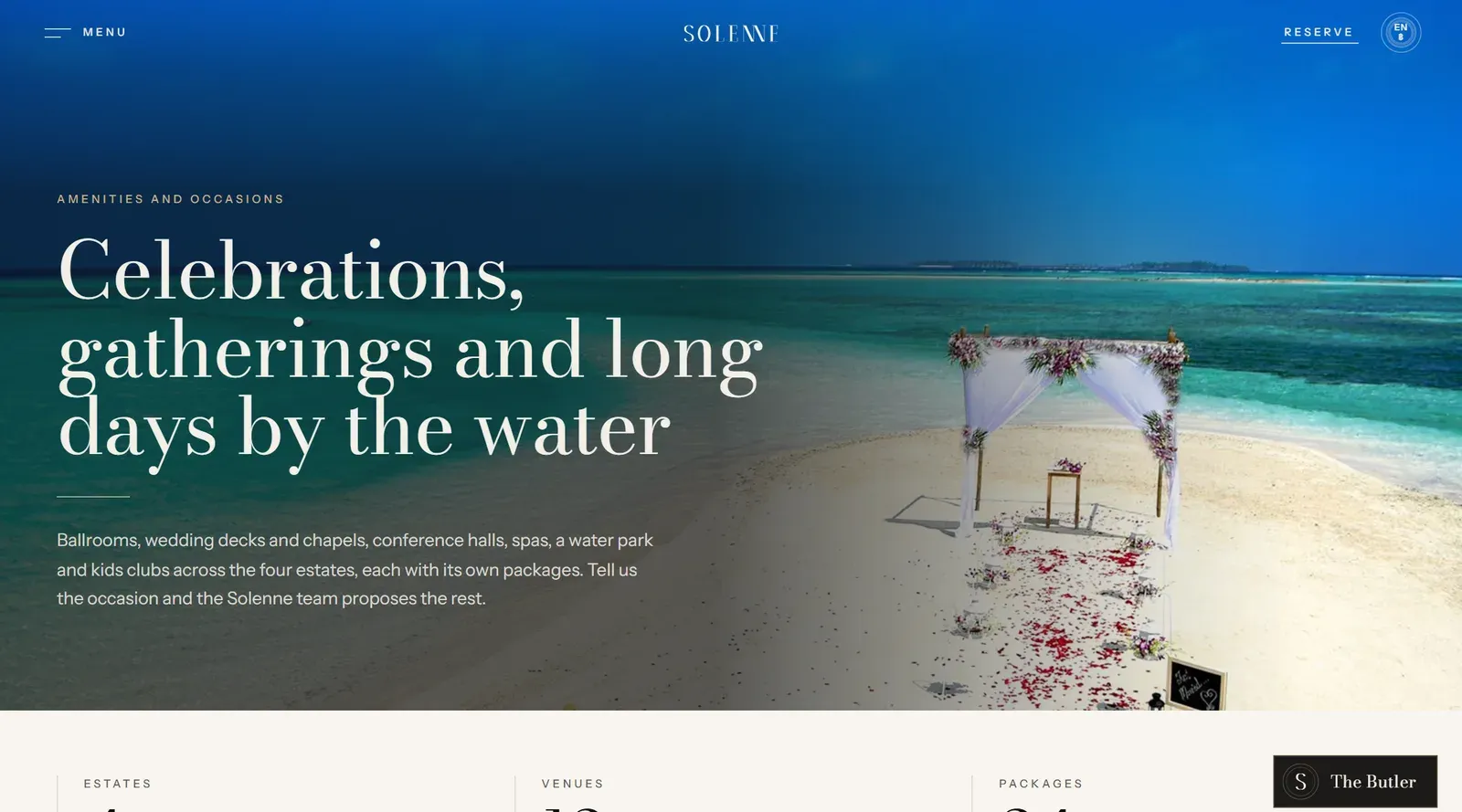 Amenities and occasions: a beach ceremony arch on white sand above the heading celebrations, gatherings and long days by the water