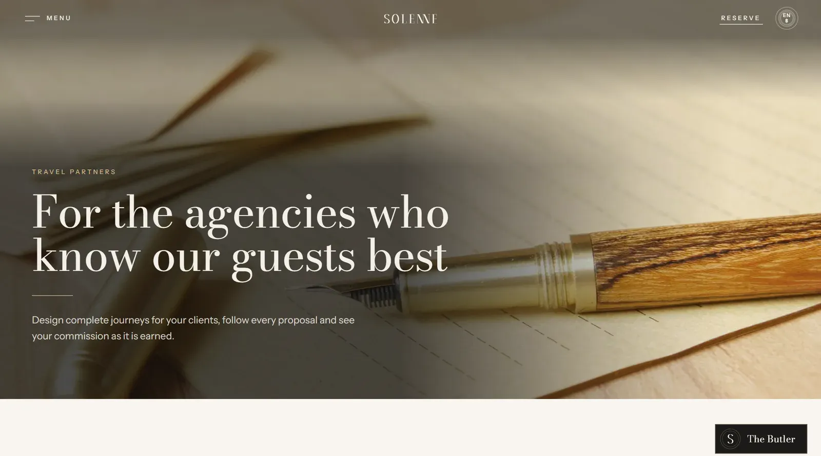 The travel partners page: a fountain pen on writing paper beneath the heading for the agencies who know our guests best