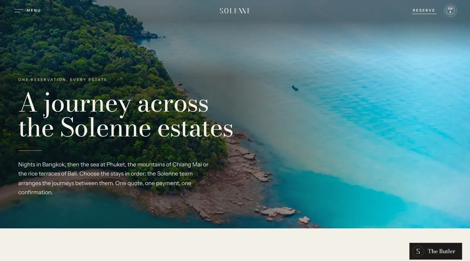 A journey across the collection: an aerial photograph of a forested headland and clear water, with the promise of one quote, one payment and one confirmation