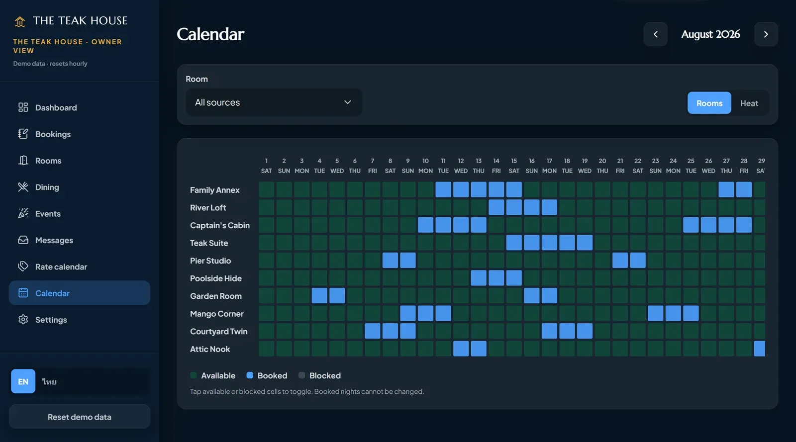 Availability calendar: every room down the side, every date across the top, cells coloured available, booked or blocked