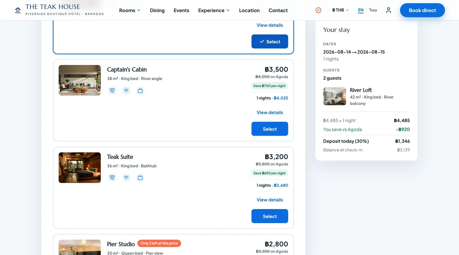 Booking step two: room list with direct price, the Agoda price struck through, the nightly total for the selected dates and a running stay summary with the deposit due today
