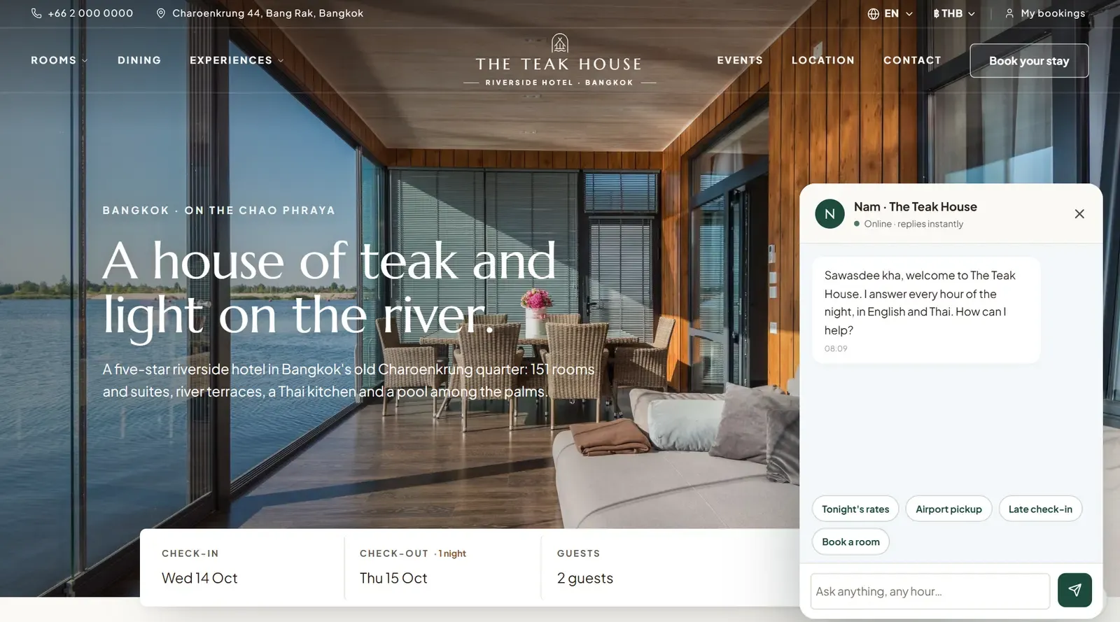 The concierge chat open on the home page, with quick replies for tonight’s rates, airport pickup, late check-in and booking a room