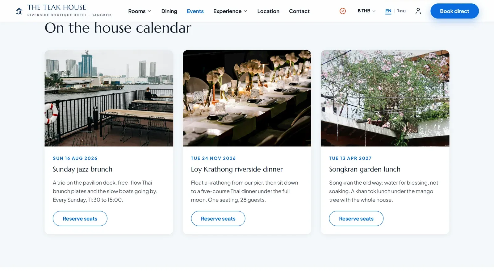 Special events calendar: three dated event cards with photographs, descriptions and a reserve seats button on each