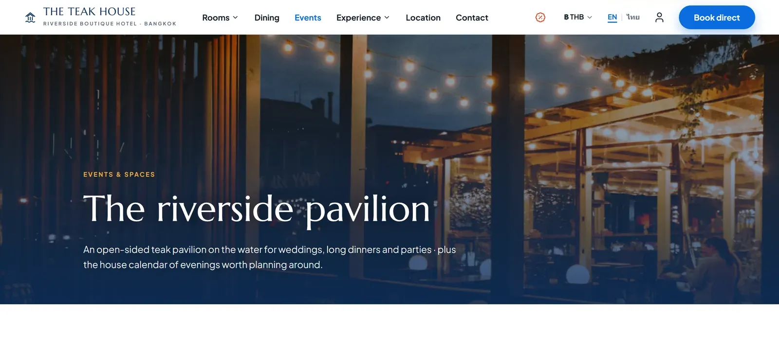 Events and spaces page: full-bleed photograph of the riverside pavilion at dusk with the page heading over it