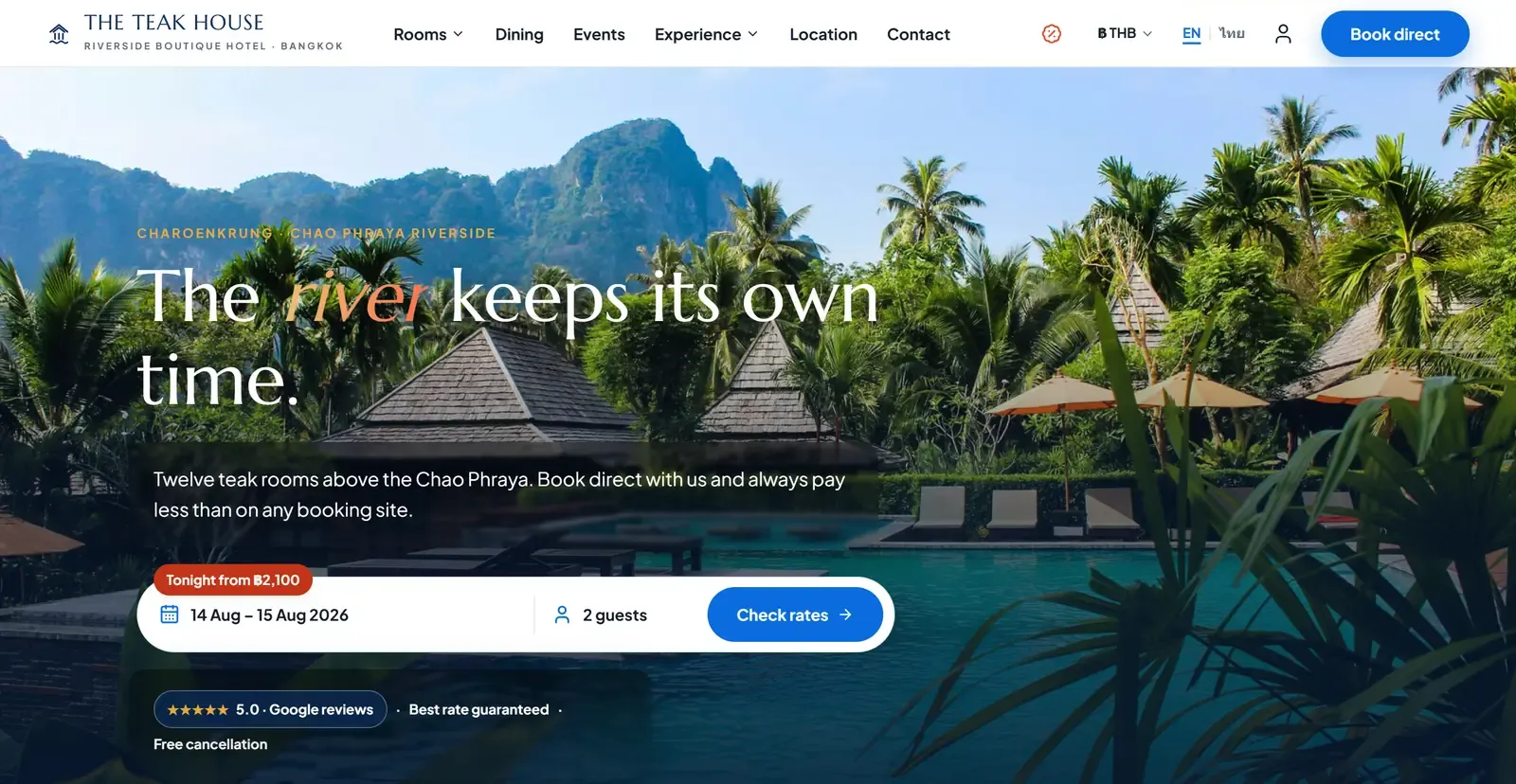 Guest homepage: riverside hotel hero with a live rate, date range and guest count in the booking widget