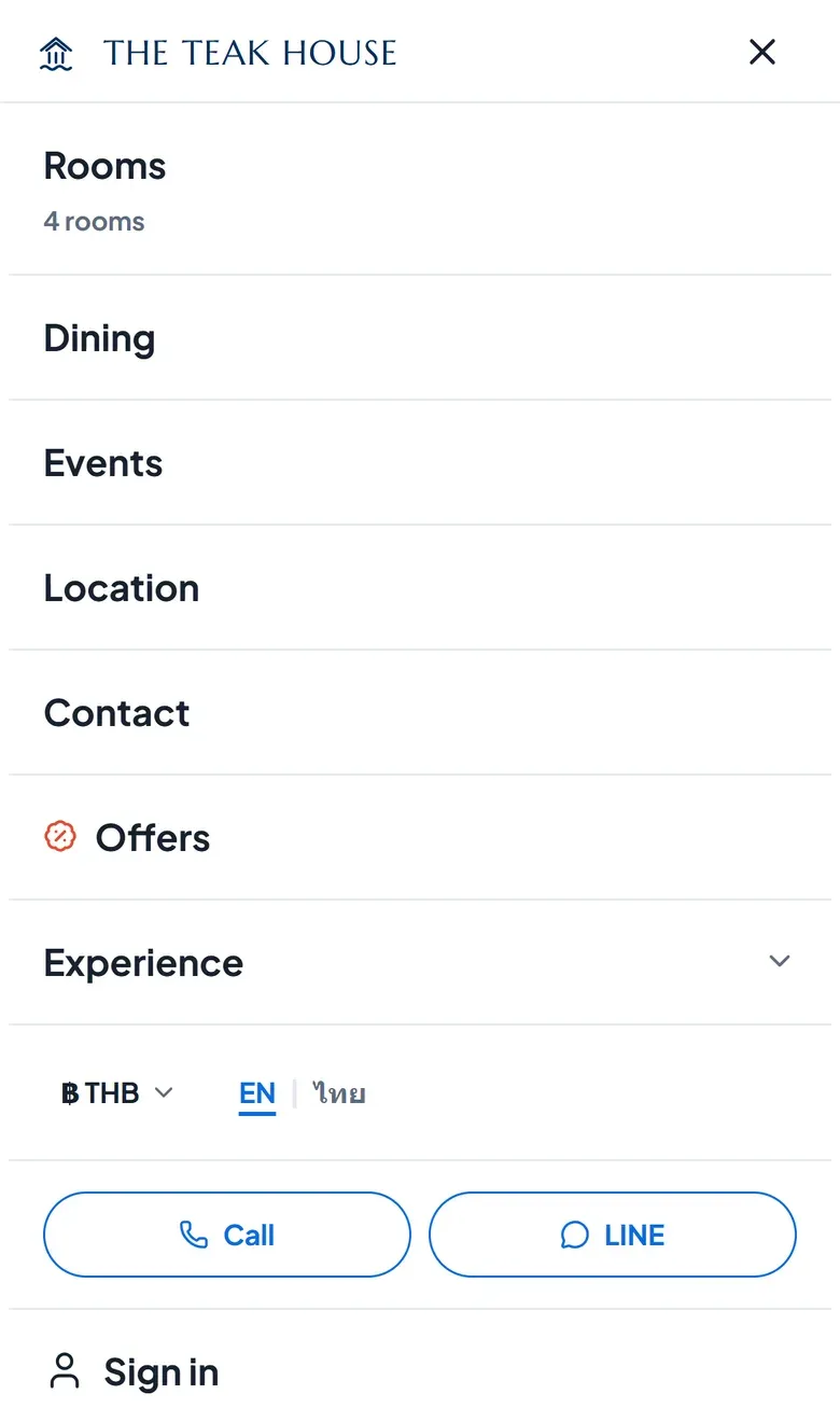 The mobile navigation drawer: rooms, dining, events, location, contact, offers, currency, language, call and LINE