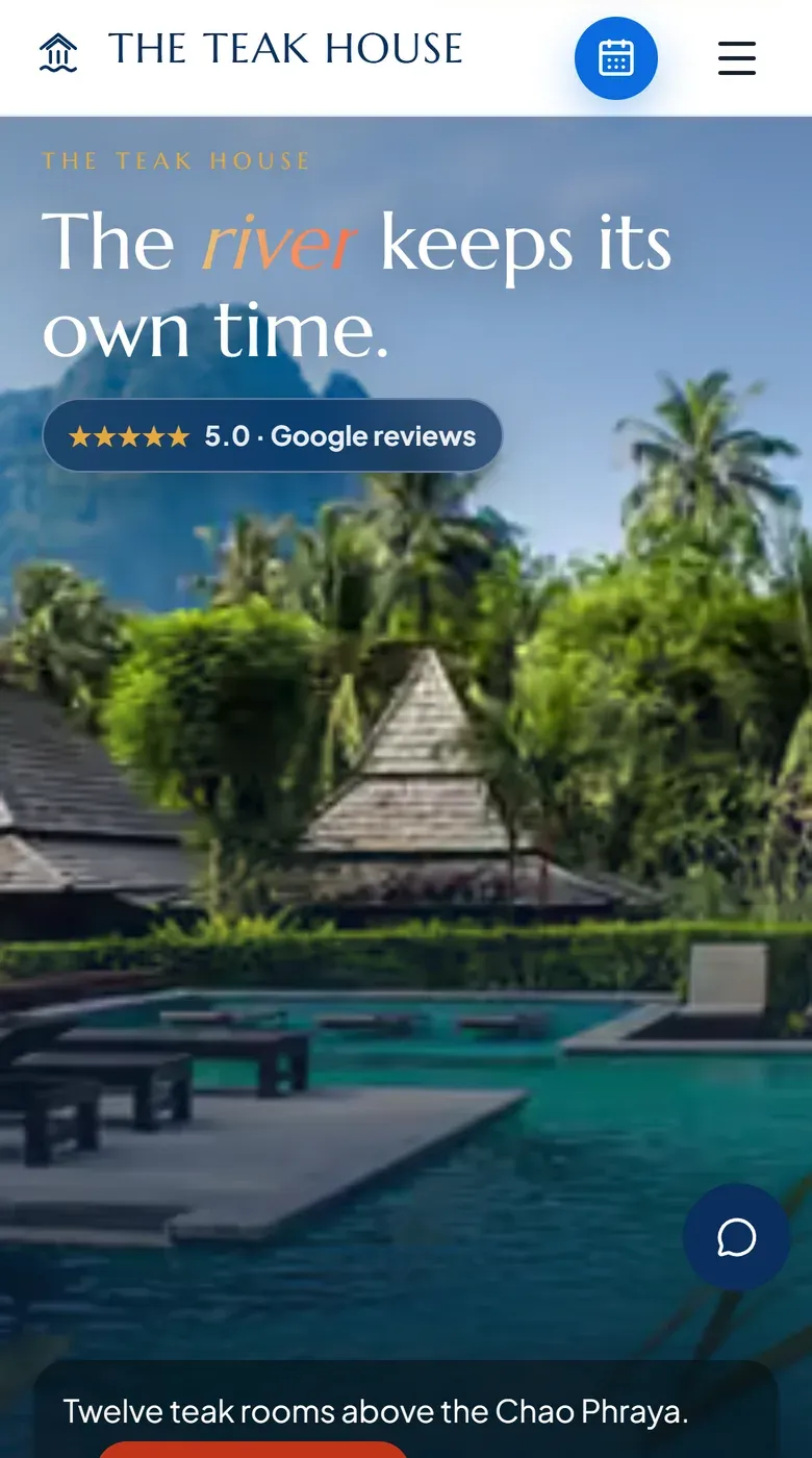 The guest homepage on a phone: hero, review score and the booking widget pinned above the fold