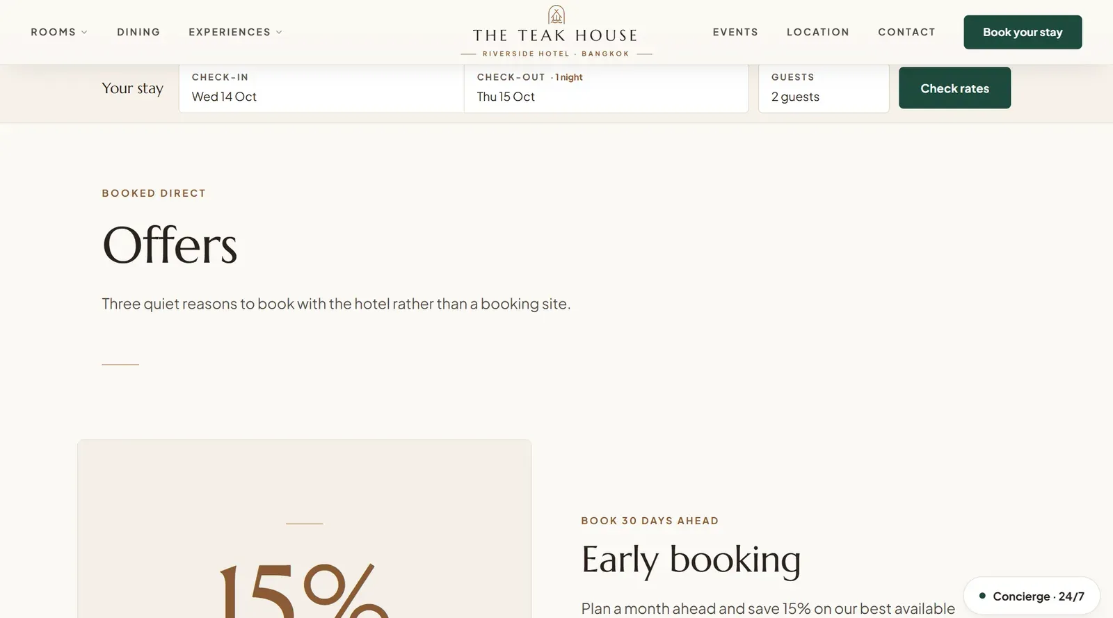 The offers page with the booking dock pinned under the header: check-in, check-out, guests and Check rates