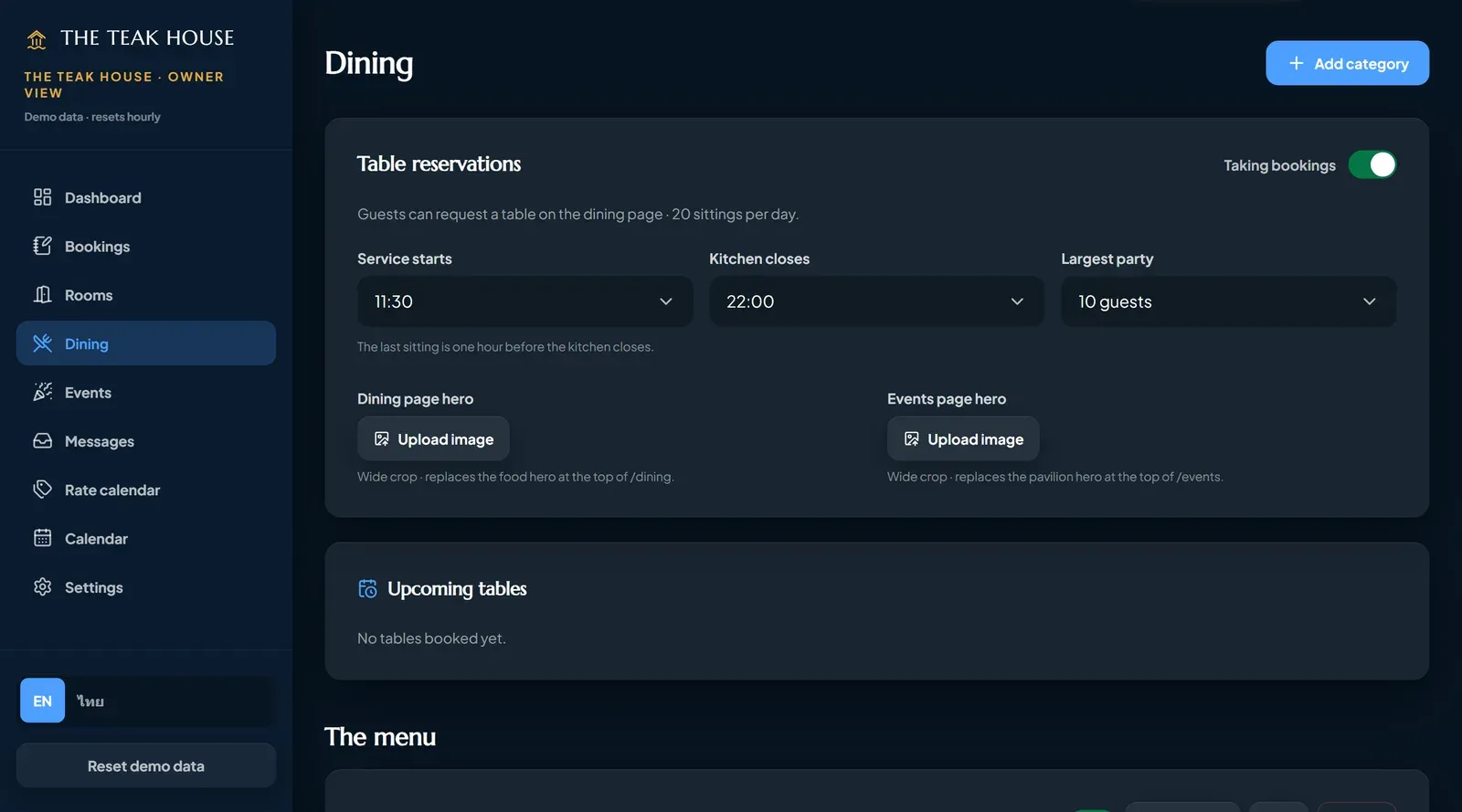 Owner dining manager: table reservations switch set to taking bookings, service hours and party size, image upload buttons for the dining and events heroes, and the editable menu below