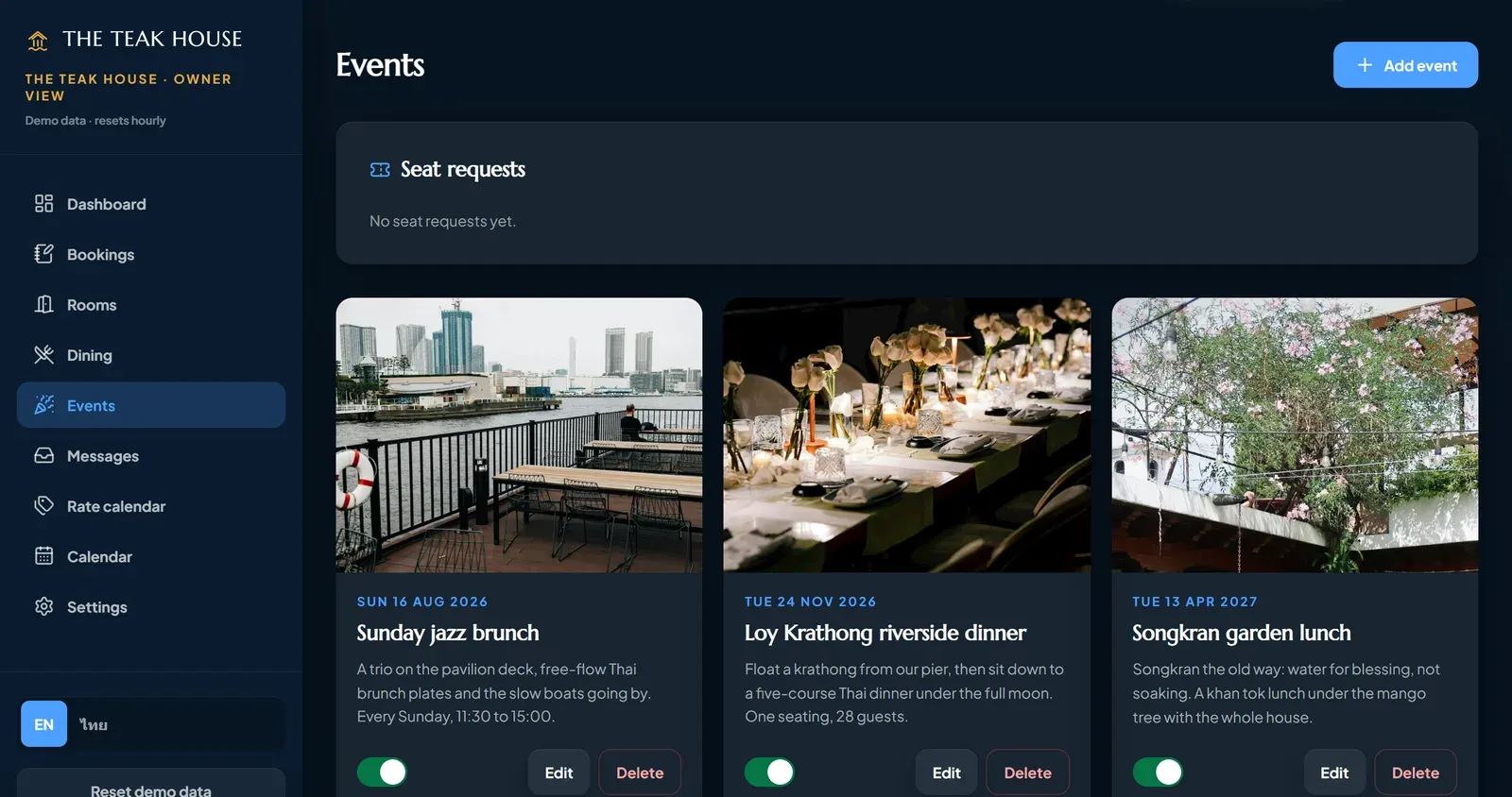 Owner events manager: the seat requests list at the top, then each published event with its date, description, edit and delete controls