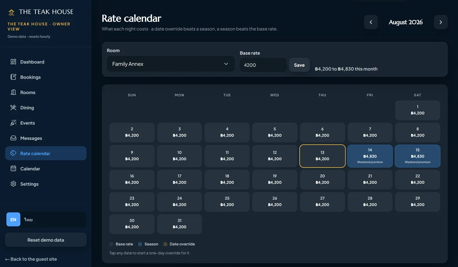 Rate calendar: a month grid showing the base rate on most nights and a higher weekend-premium price on two dates, with the rules for that room listed underneath