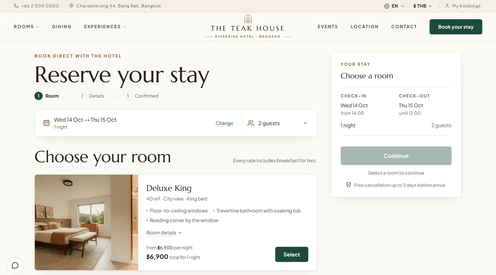 Reserve your stay: the dates carried over, the room list with per-night and total prices, and a stay summary beside it