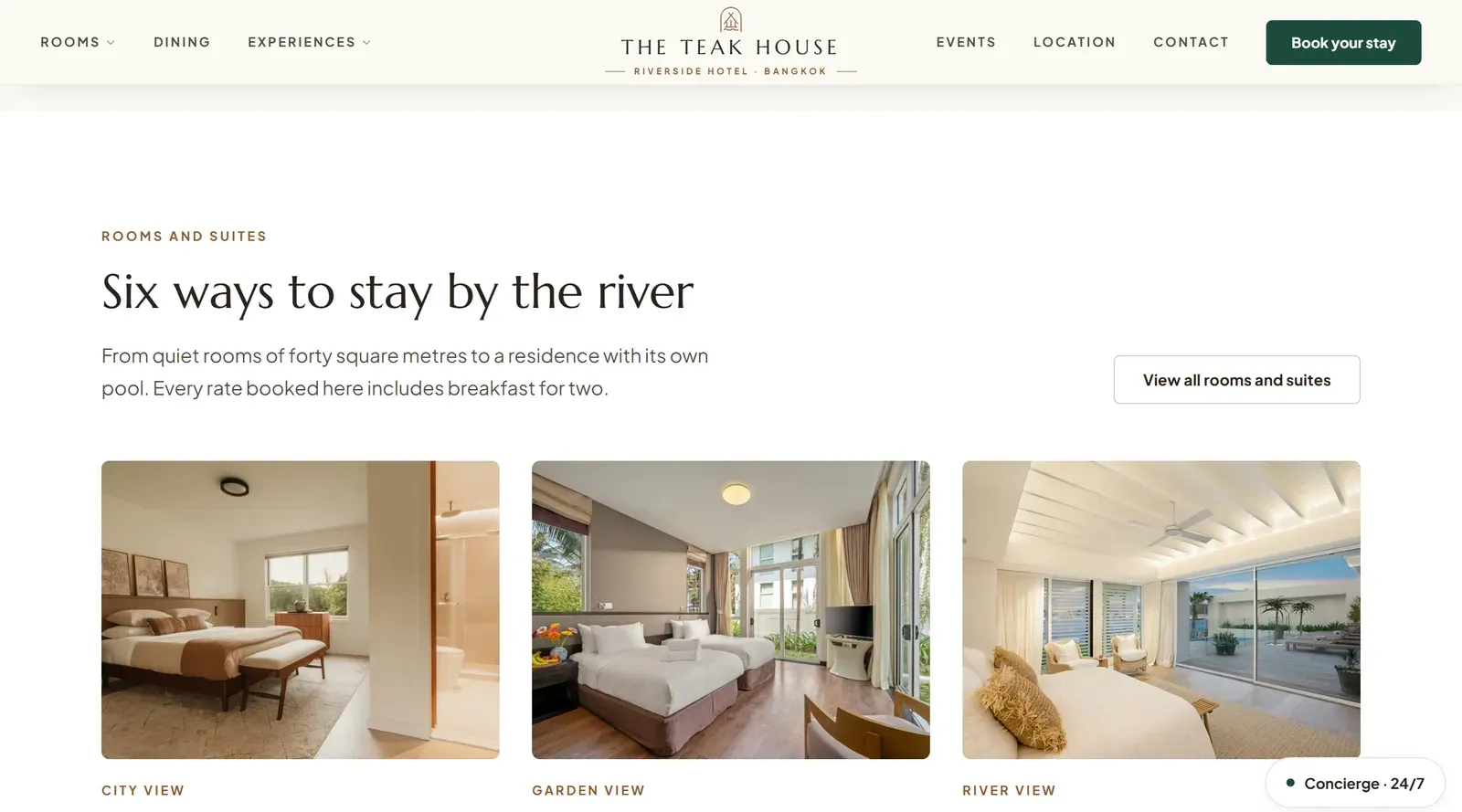 Rooms and suites on the home page: six ways to stay by the river, with photographs of a city-view, a garden-view and a river-view room