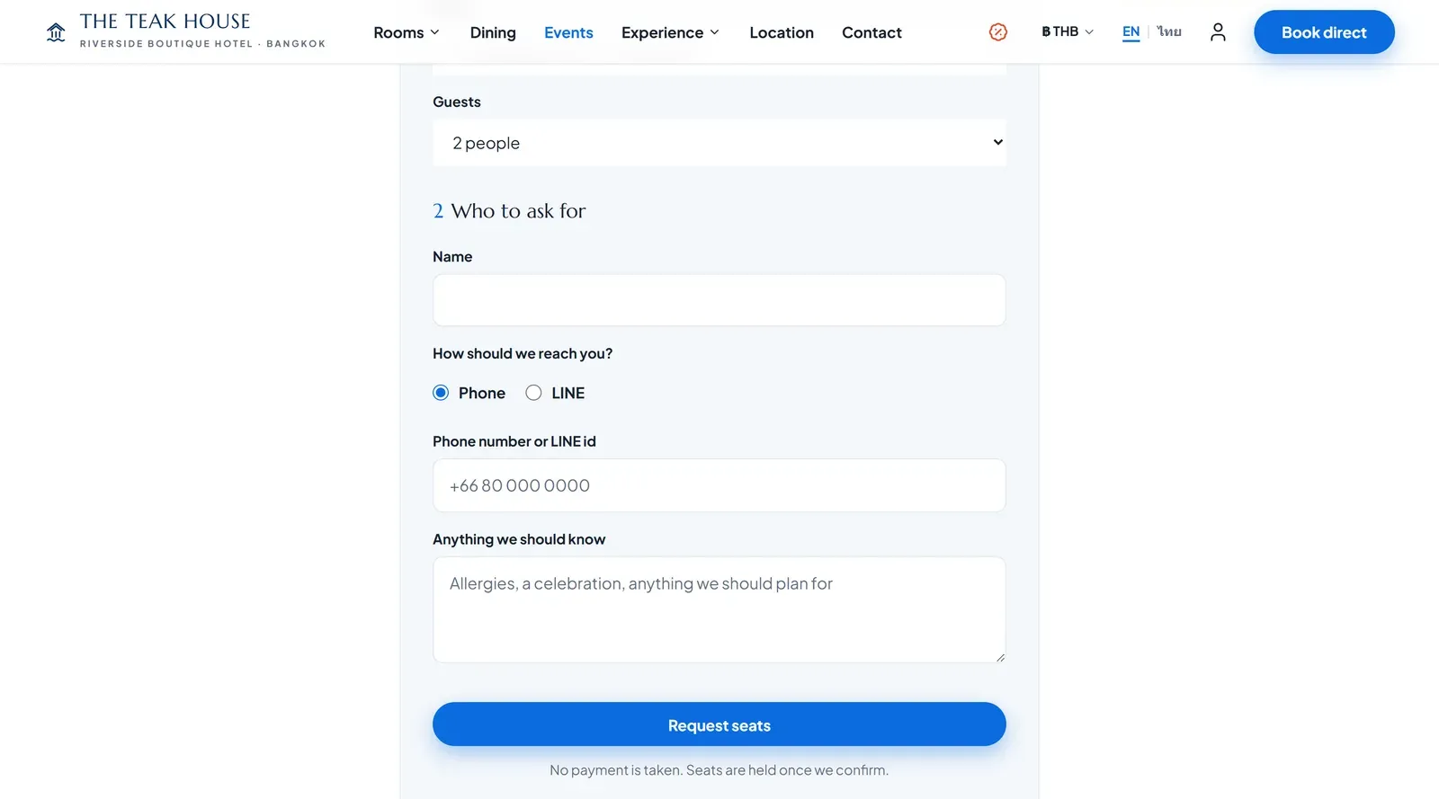 Seat request form: choose the evening, the number of guests, a name and whether to be reached by phone or LINE